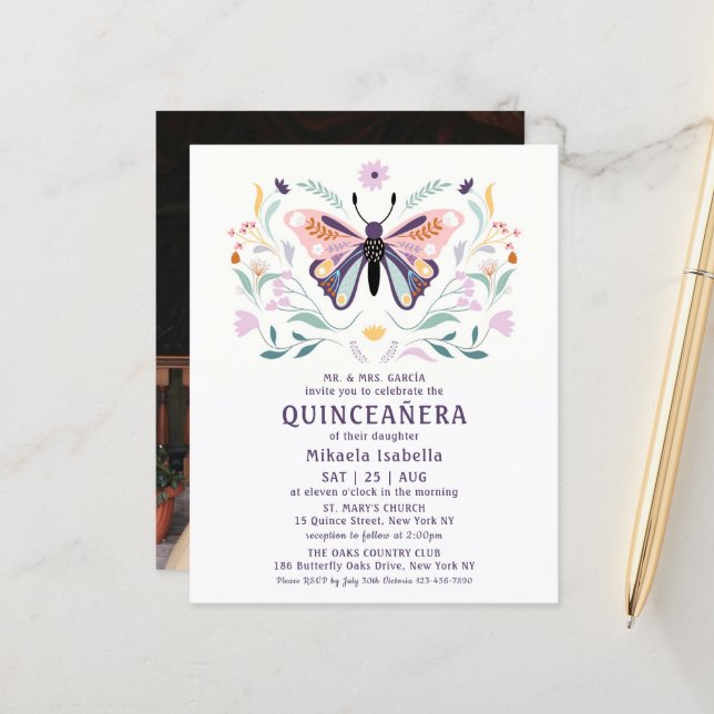 Budget Quinceañera Pink Purple Butterfly Photo (Front/Back In Situ)