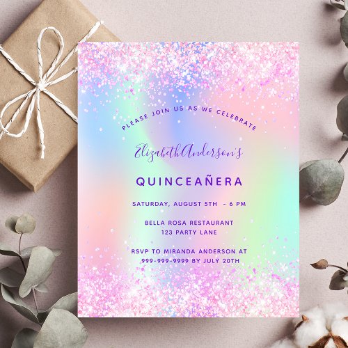Budget Quinceanera pink purple glitter invitation