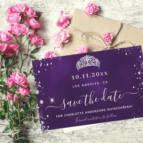 Budget Quinceanera purple silver glitter save date