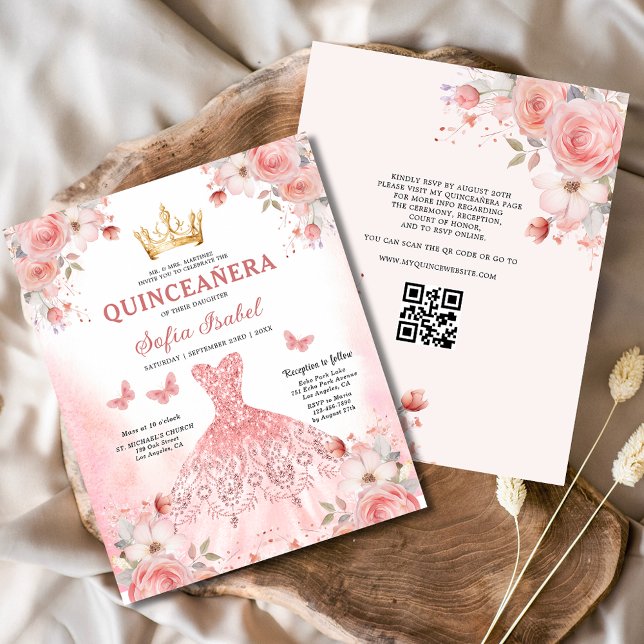 Budget Quinceañera QR Code Blush Pink Floral Flyer (Creator Uploaded)