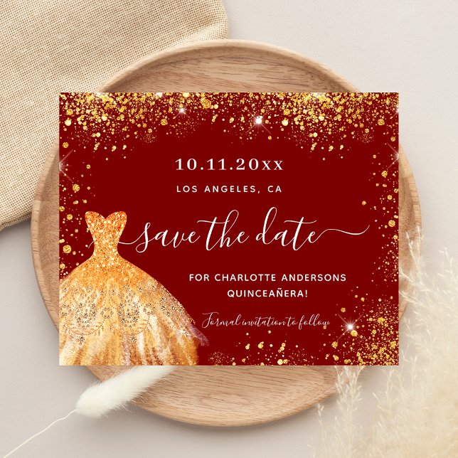 Budget Quinceanera red gold dress save the date (Creator Uploaded)