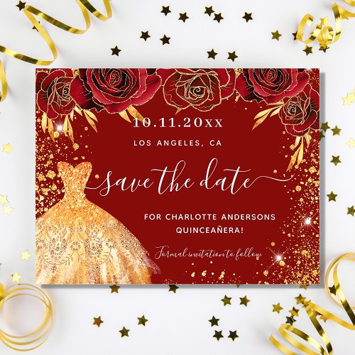 Budget Quinceanera red gold dress save the date