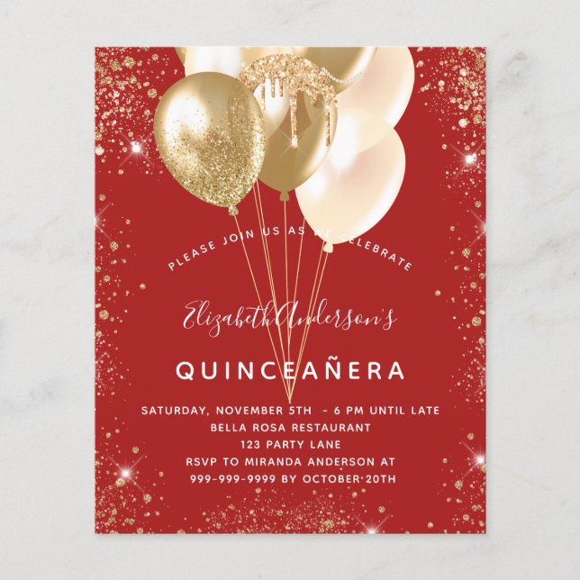Budget Quinceanera red gold glitter balloons (Front)