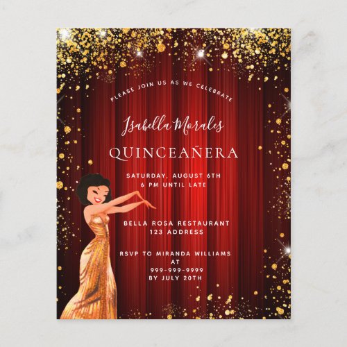 Budget Quinceanera red gold glitter dress 
