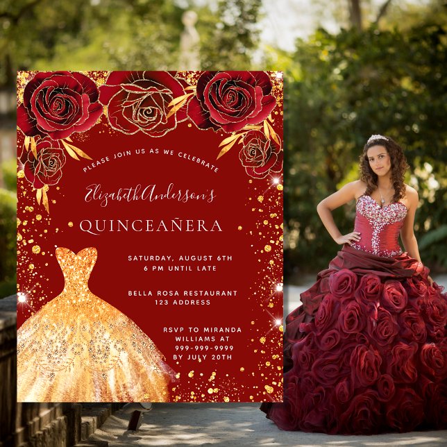 Budget Quinceanera red gold glitter dress floral