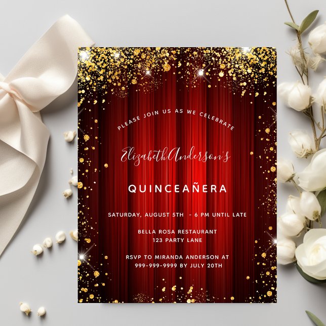 Budget Quinceanera red gold movie theater Flyer (Creator Uploaded)