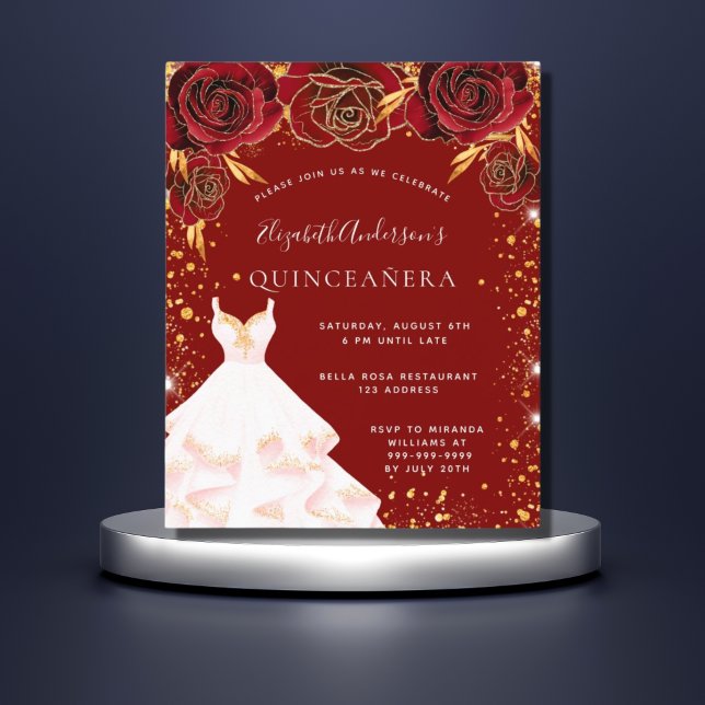 Budget Quinceanera red gold white dress invitation