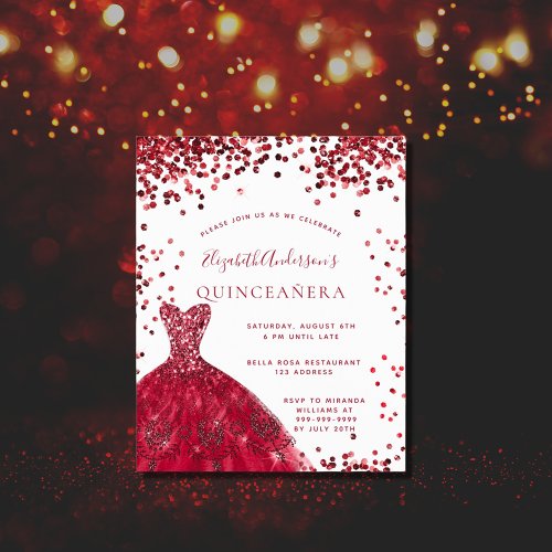 Budget Quinceanera red white dress invitation