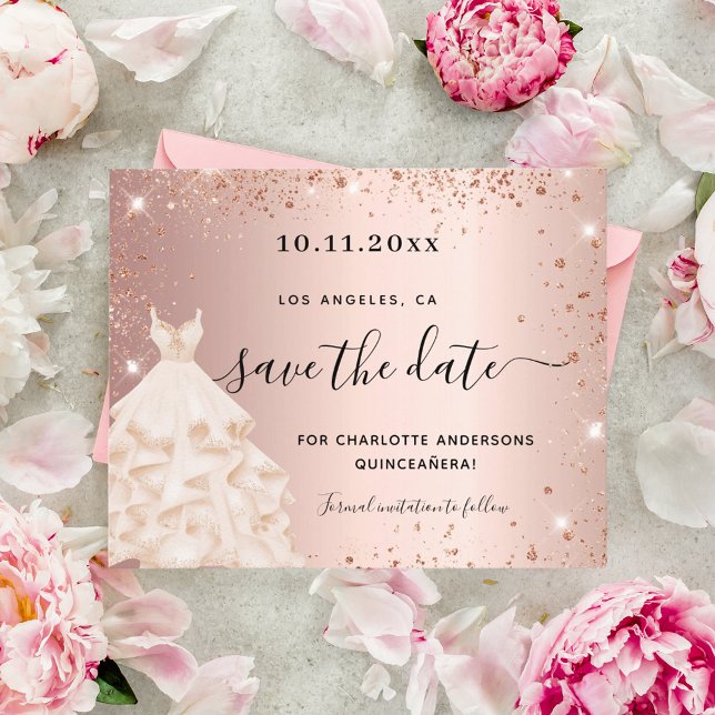 Budget Quinceanera rose gold dress save the date (Creator Uploaded)