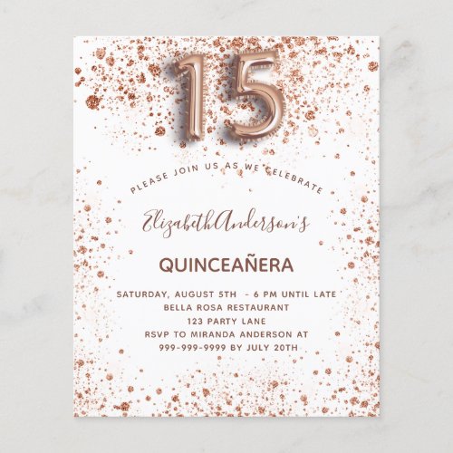 Budget Quinceanera rose gold glitter drops white