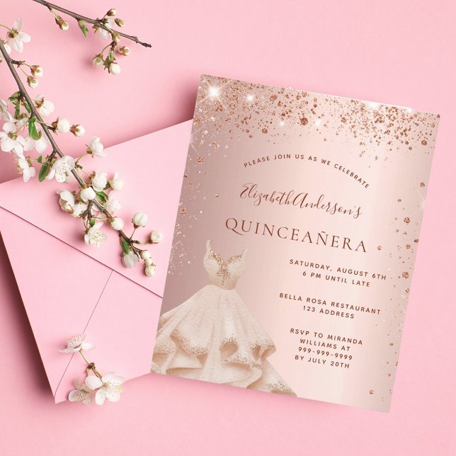 Budget Quinceanera rose gold glitter invitation (Creator Uploaded)