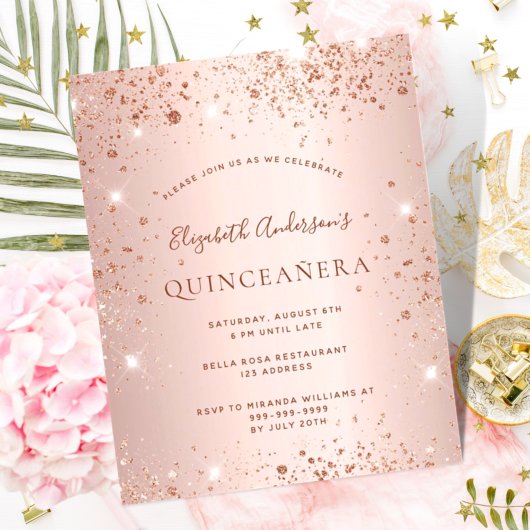 Budget Quinceanera rose gold glitter invitation