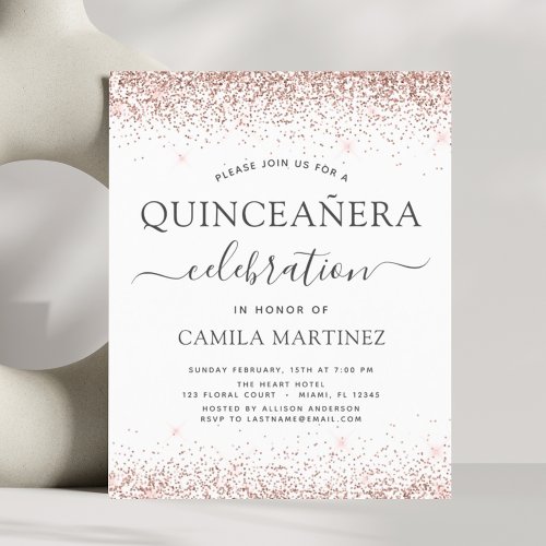 Budget Quinceanera Rose Gold Glitter Invitation