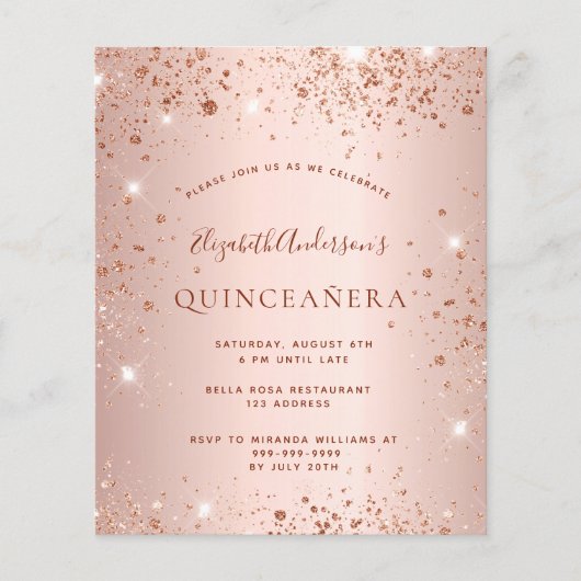 Budget Quinceanera rose gold glitter invitation (Front)