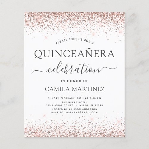 Budget Quinceanera Rose Gold Glitter Invitation Flyer
