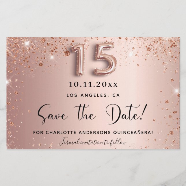 Budget Quinceanera rose gold glitter save the date (Front)