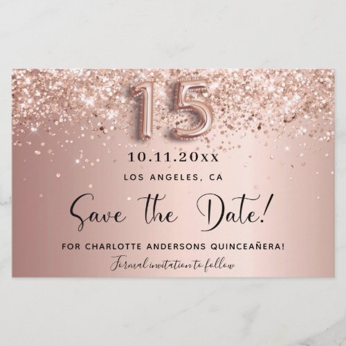 Budget Quinceanera rose gold glitter save the date