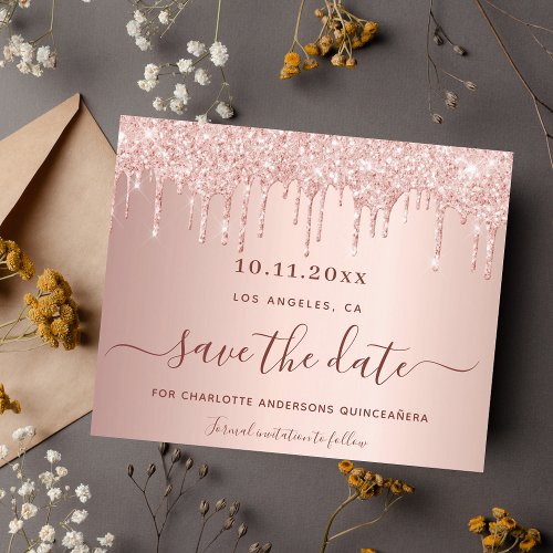 Budget Quinceanera rose gold glitter Save the Date