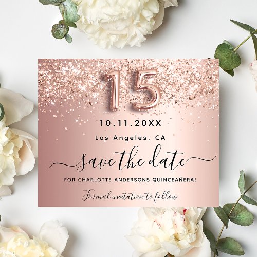 Budget Quinceanera rose gold glitter save the date