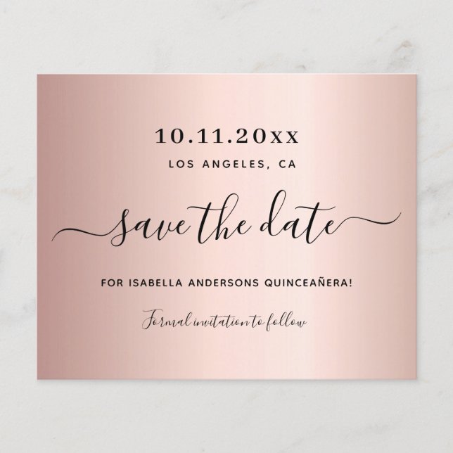 Budget Quinceanera rose gold save the date (Front)