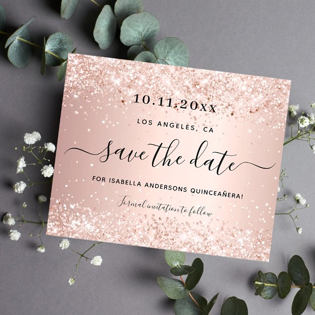 Budget Quinceanera rose gold save the date