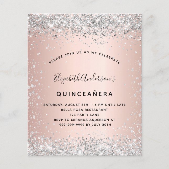 Budget Quinceanera rose gold silver invitation (Front)