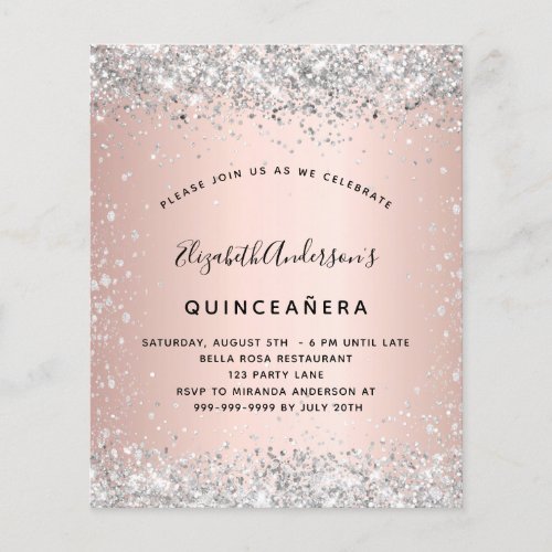 Budget Quinceanera rose gold silver invitation