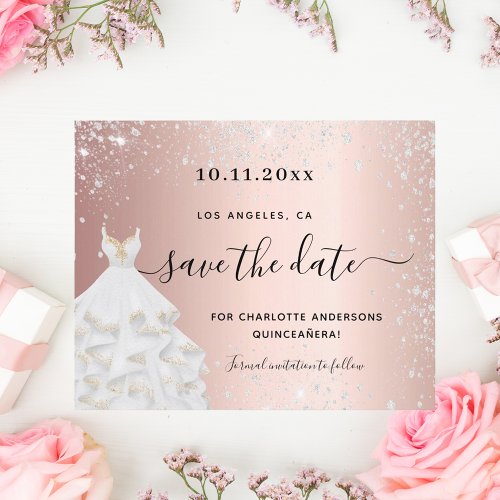 Budget Quinceanera rose silver dress save the date