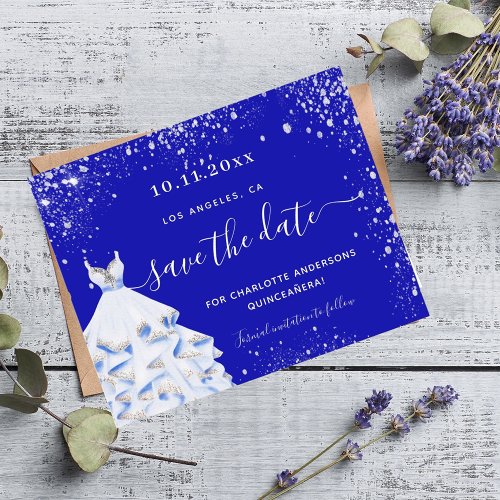 Budget Quinceanera royal blue dress save the date