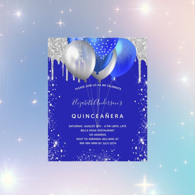 Budget Quinceanera royal blue silver invitation (Creator Uploaded)