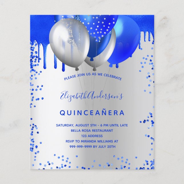 Budget Quinceanera royal blue silver invitation (Front)