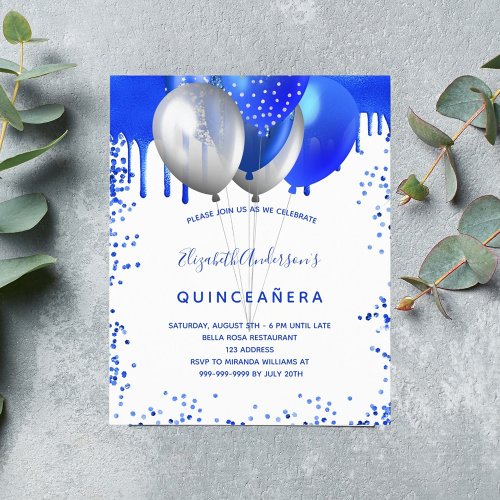 Budget Quinceanera royal blue white invitation