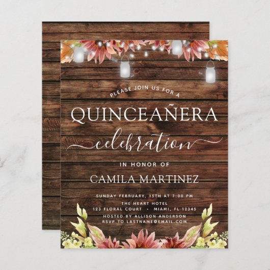 Budget Quinceanera Rustic Wood Autumn Sunflowers (Front/Back)
