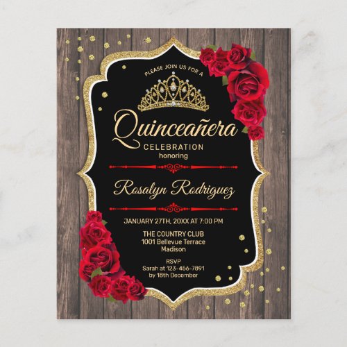 Budget Quinceanera Rustic Wood Gold Red Invitation Flyer