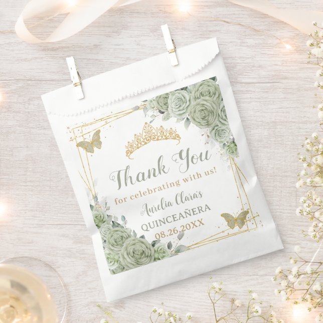 Budget Quinceañera Sage Green Floral Butterflies Favor Bag (Clipped)