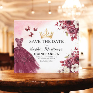Budget Quinceanera Save the Date Floral Burgundy