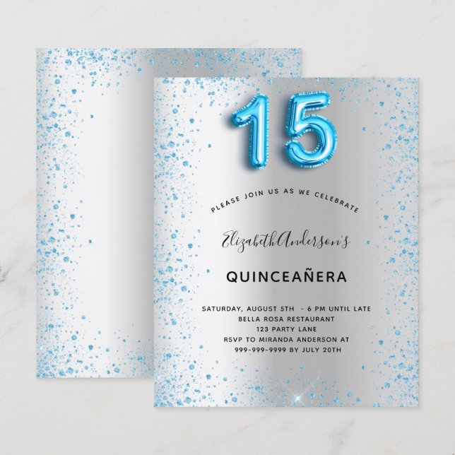 Budget Quinceanera silver blue glitter invitation (Front/Back)