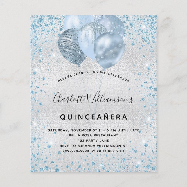 Budget Quinceanera silver blue glitter invitation (Front)