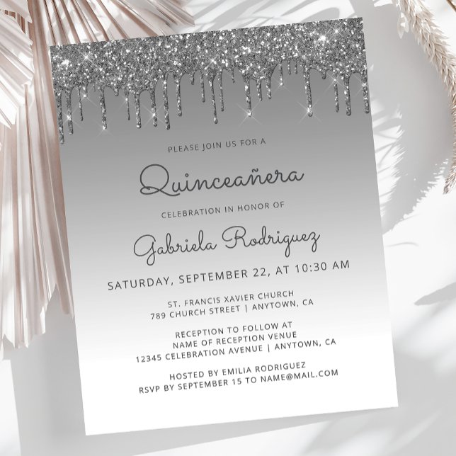 Budget Quinceañera Silver Glitter Drip Invitation (Creator Uploaded)