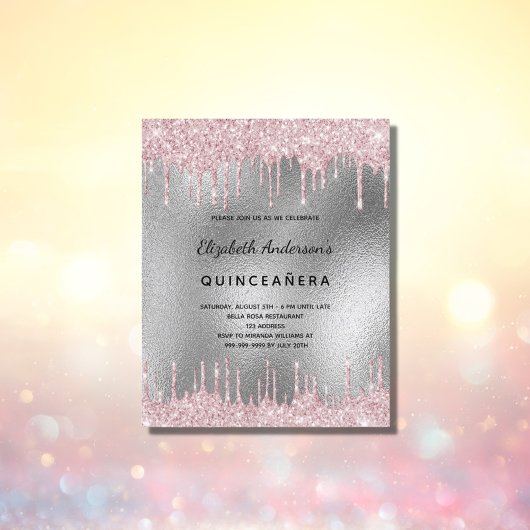 Budget Quinceanera silver glitter pink invitation