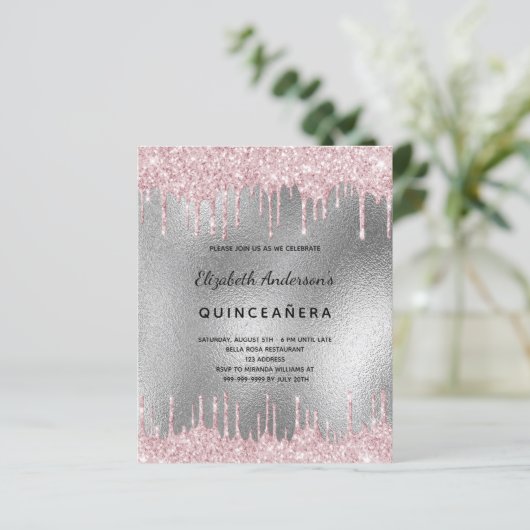 Budget Quinceanera silver glitter pink invitation (Standing Front)