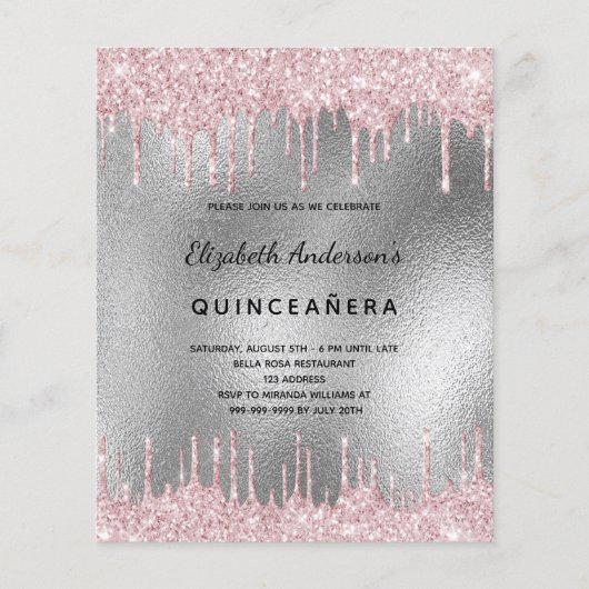 Budget Quinceanera silver glitter pink invitation (Front)