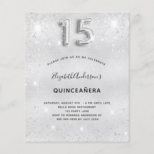 Budget Quinceanera silver metal glitter invitation