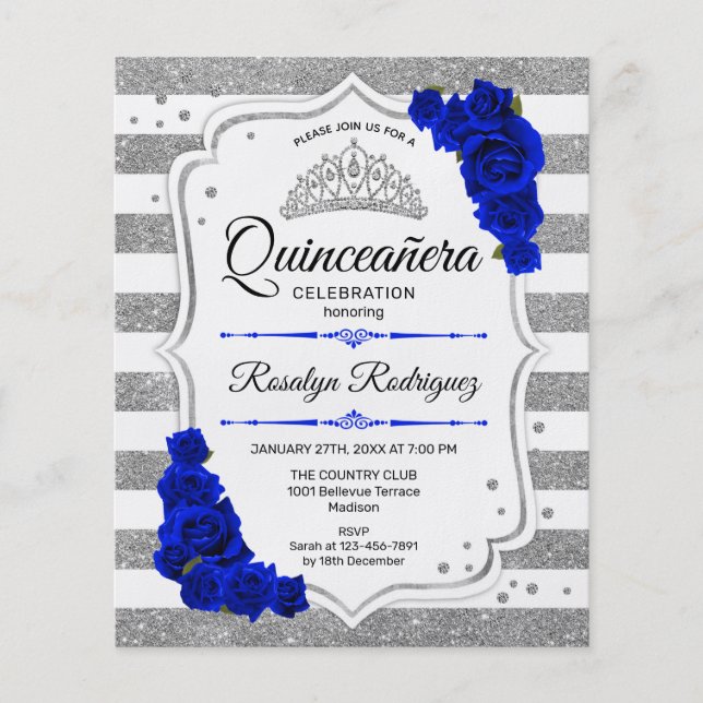 Budget Quinceanera Silver Royal Blue Invite Flyer (Front)