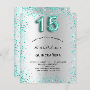 Budget Quinceanera silver teal glitter invitation