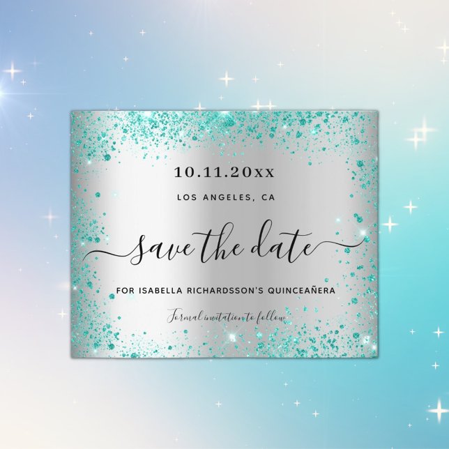 Budget Quinceanera silver teal save the date (Creator Uploaded)