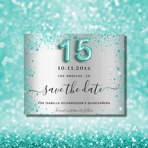 Budget Quinceanera silver teal save the date