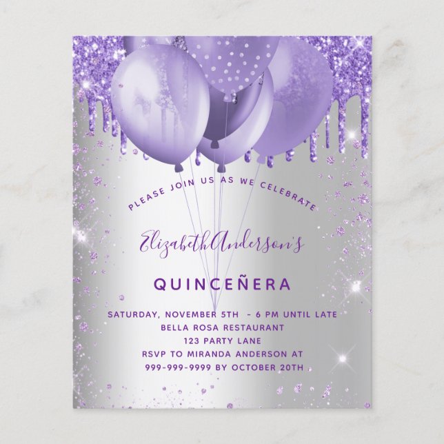 Budget Quinceanera silver violet invitation (Front)