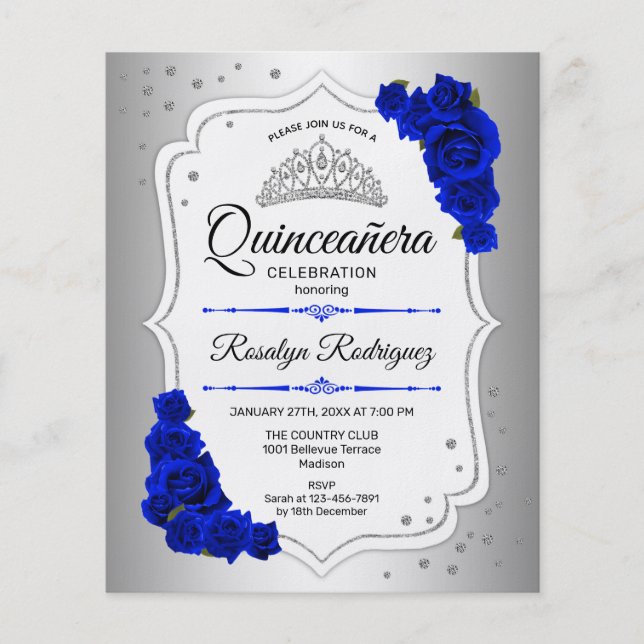 Budget Quinceanera Silver White Royal Blue Invite Flyer (Front)