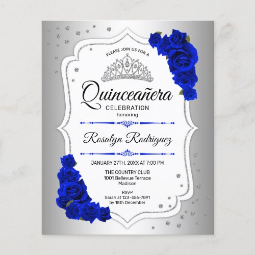Budget Quinceanera Silver White Royal Blue Invite Flyer